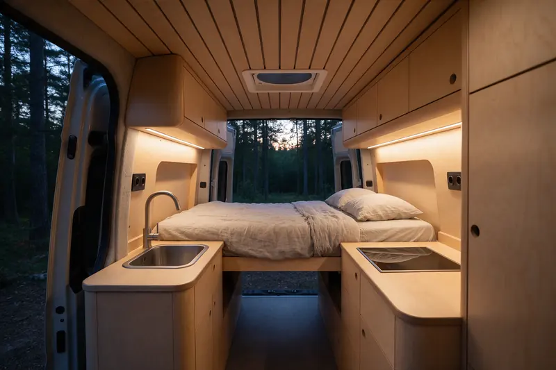 Interior de camper finalizat, cu bucătărie și pat