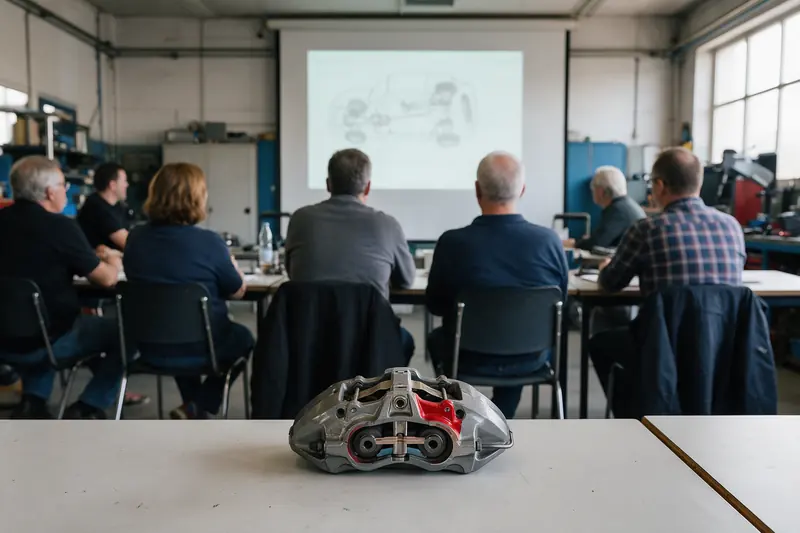 Sesiune de instruire tehnică într-o sală de atelier, cu un etrier secționat pe masă