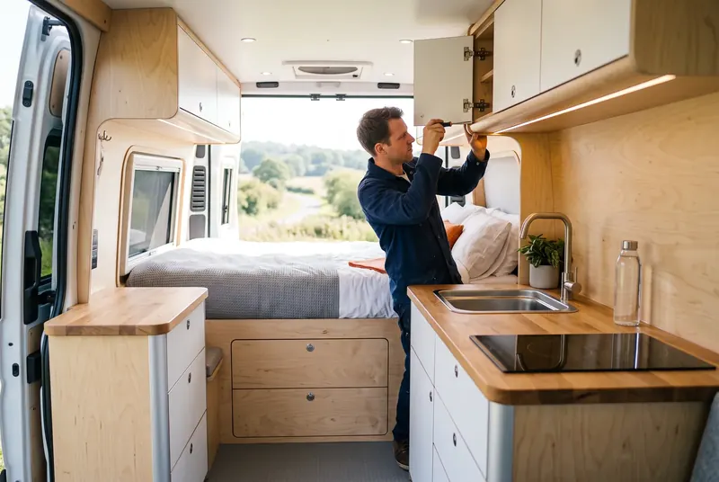 Interior de camper cu mobilier la comandă din placaj de mesteacăn: bucătărie, dulapuri suspendate și pat fix
